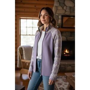 Natural Reflections Purple + White Merino Wool Fair Isle Cardigan Size Medium